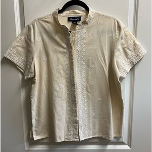 Denim & Co. Cotton Denim Floral Embroidered Button Down Top size L